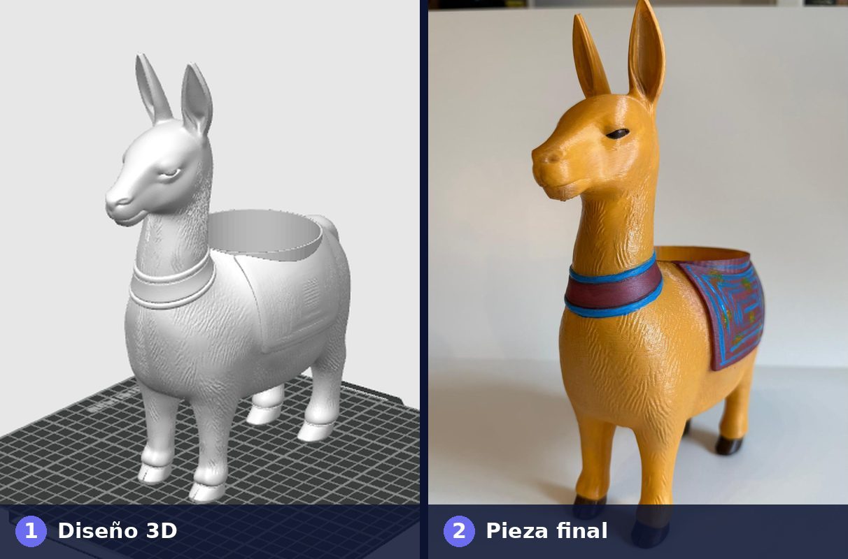 Diseño 3D y pieza final de una llama impresa en 3D y pintada a mano por Nexa Studio en Marbella